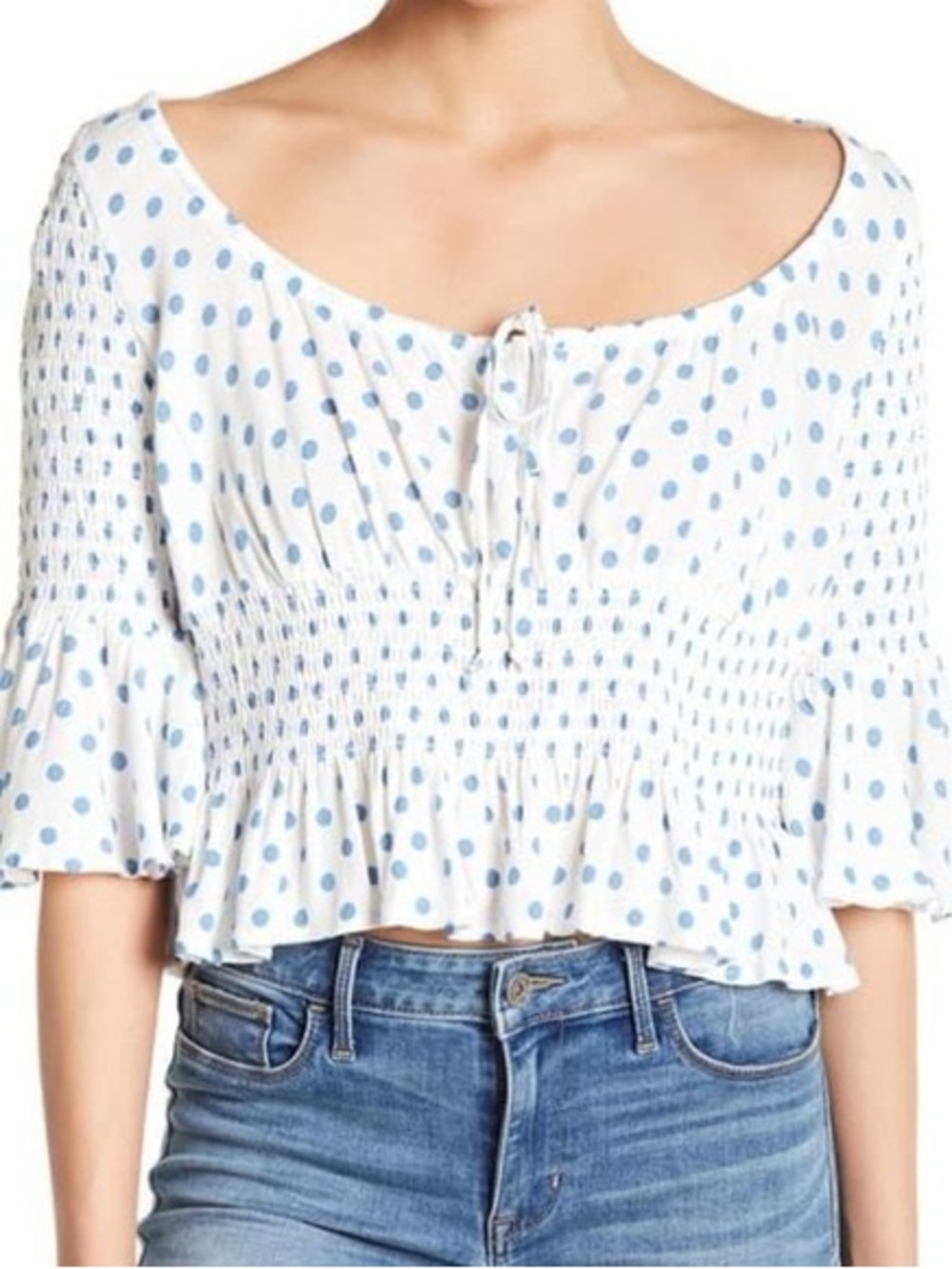 Free People Smocked Polka Dot Peplum Top Bell Sleeves XS